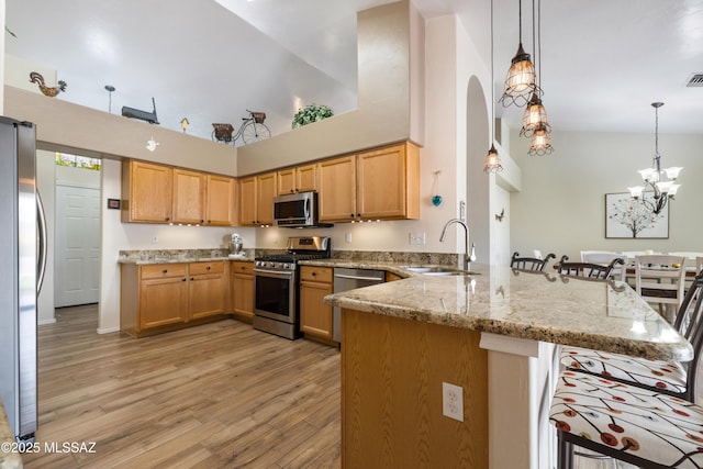 9429 N Elan Ln, Tucson, AZ 85742 - kitchen featuring appliances with stainless steel finishes, a peninsula, a high ceiling, light wood-style flooring, and light stone counters