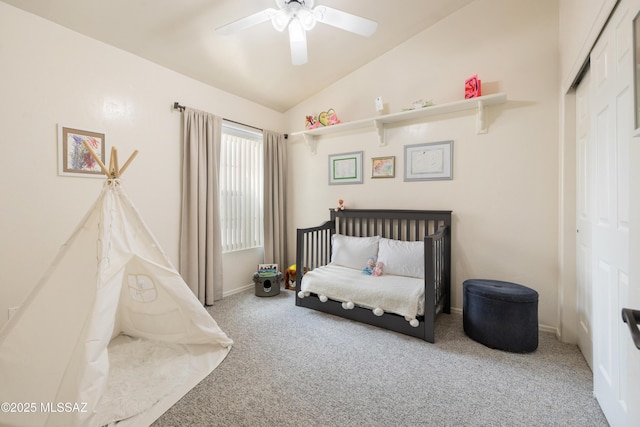 9429 N Elan Ln, Tucson, AZ 85742 - bedroom featuring carpet, a closet, lofted ceiling, a ceiling fan, and baseboards