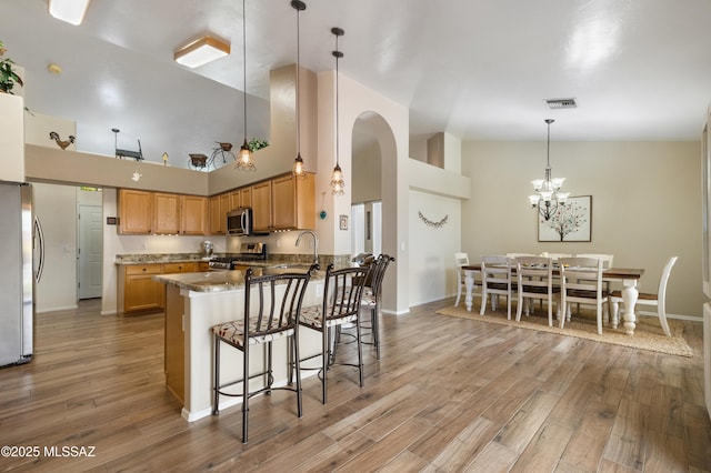 9429 N Elan Ln, Tucson, AZ 85742 - kitchen with stainless steel appliances, high vaulted ceiling, a peninsula, light wood-type flooring, and a kitchen bar