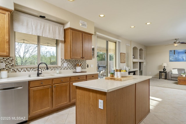 368 W Sacaton Canyon Dr, Oro Valley, AZ 85755 - kitchen featuring dishwasher, light tile patterned flooring, backsplash, recessed lighting, and a ceiling fan