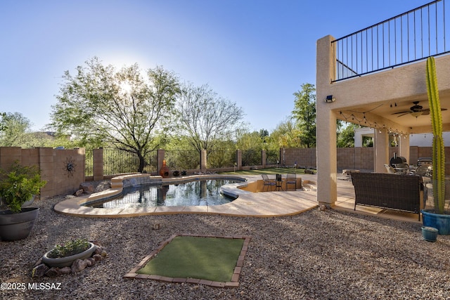 368 W Sacaton Canyon Dr, Oro Valley, AZ 85755 - view of swimming pool featuring a fenced backyard, a ceiling fan, and a patio