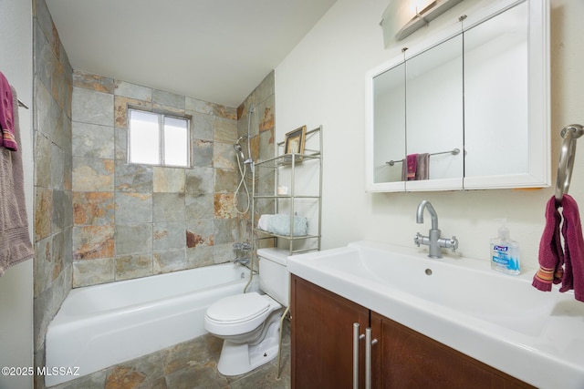 3025 E Blacklidge Dr, Tucson, AZ 85716 - full bath with tub / shower combination, vanity, toilet, and stone finish flooring