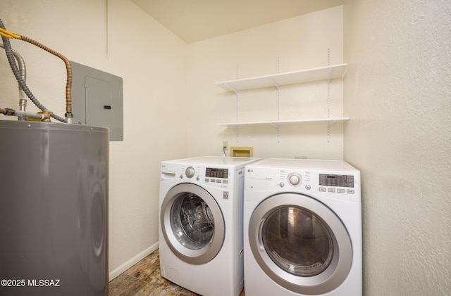 9846 E 2nd St, Tucson, AZ 85748 - laundry area with washing machine and clothes dryer, electric panel, baseboards, and water heater