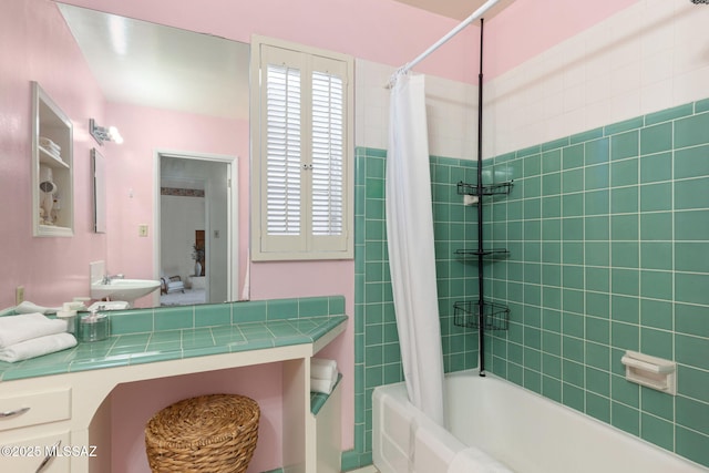 2826 E Kleindale Rd, Tucson, AZ 85716 - bathroom featuring shower / bath combo with shower curtain and vanity