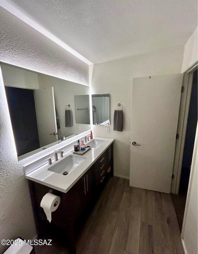 1558 E Los Cabos Pl, Tucson, AZ 85706 - full bath with wood finished floors, a textured ceiling, and double vanity