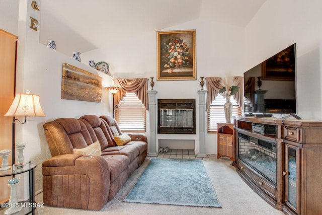 10095 E Autumnwind Pl, Tucson, AZ 85730 - living room with a multi sided fireplace, lofted ceiling, and light carpet