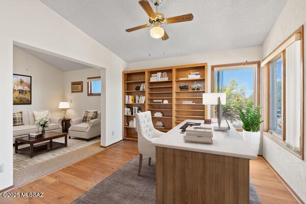 1861 N Camino Claveles, Tucson, AZ 85745 - office space with lofted ceiling, ceiling fan, light wood-style floors, and a textured ceiling