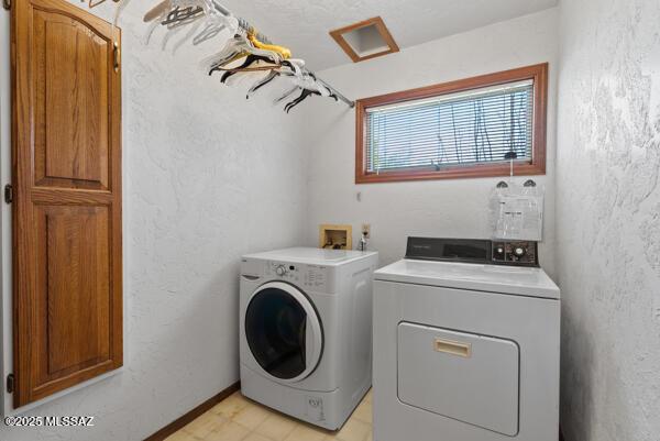1861 N Camino Claveles, Tucson, AZ 85745 - clothes washing area featuring washing machine and clothes dryer and a textured wall