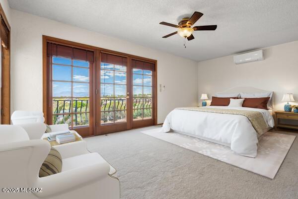 1861 N Camino Claveles, Tucson, AZ 85745 - carpeted bedroom featuring a wall mounted AC, access to outside, a textured ceiling, and a ceiling fan