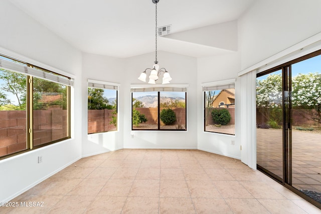 11874 N Verismo Dr, Tucson, AZ 85737 - unfurnished sunroom with a chandelier, baseboards, tile patterned floors, and high vaulted ceiling