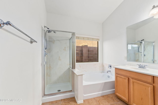 11874 N Verismo Dr, Tucson, AZ 85737 - bathroom with a shower stall, vanity, a bath, and tile patterned flooring