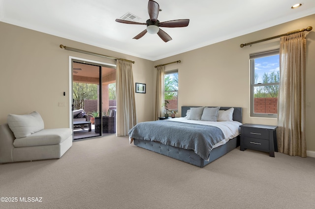 1808 W Quartz Rock Pl, Tucson, AZ 85737 - bedroom with light carpet, access to outside, crown molding, and a ceiling fan