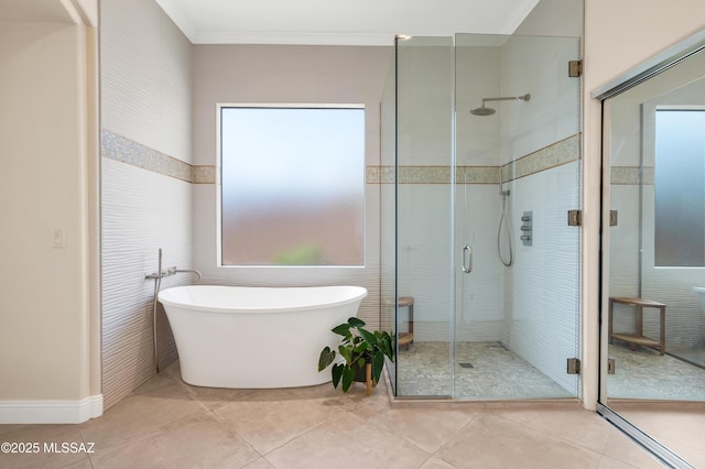 1808 W Quartz Rock Pl, Tucson, AZ 85737 - full bathroom with ornamental molding, a freestanding bath, a stall shower, and tile patterned floors