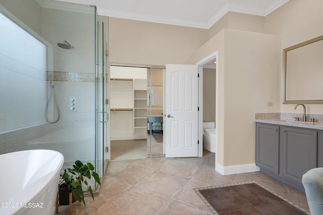 1808 W Quartz Rock Pl, Tucson, AZ 85737 - full bath with a stall shower, vanity, a freestanding bath, toilet, and ornamental molding