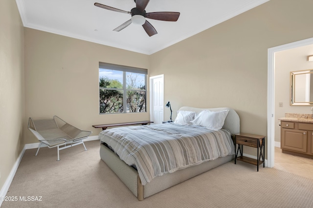 1808 W Quartz Rock Pl, Tucson, AZ 85737 - bedroom featuring light colored carpet, baseboards, crown molding, a ceiling fan, and ensuite bath