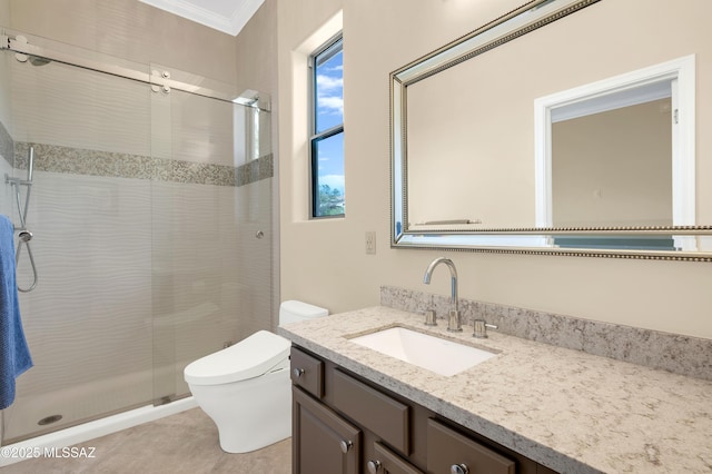 1808 W Quartz Rock Pl, Tucson, AZ 85737 - bathroom with a stall shower, crown molding, toilet, and vanity