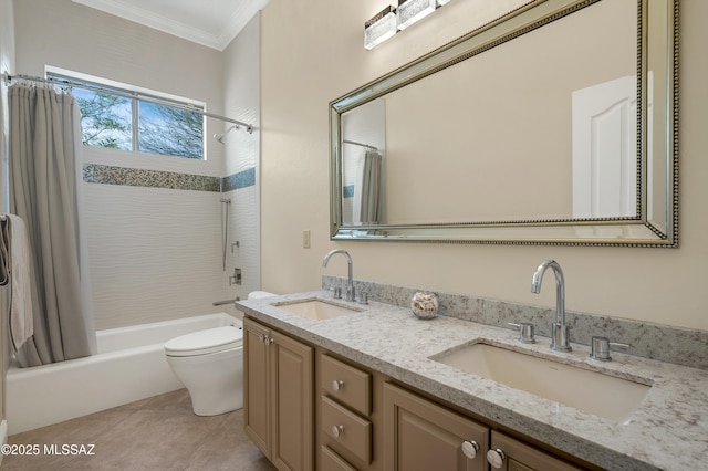 1808 W Quartz Rock Pl, Tucson, AZ 85737 - bathroom featuring ornamental molding, shower / tub combo with curtain, double vanity, toilet, and tile patterned flooring