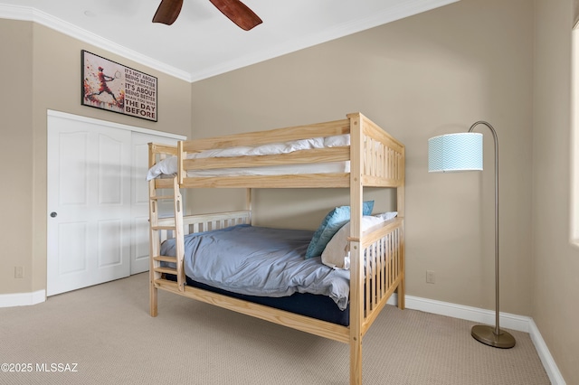 1808 W Quartz Rock Pl, Tucson, AZ 85737 - bedroom with carpet flooring, crown molding, baseboards, and a ceiling fan