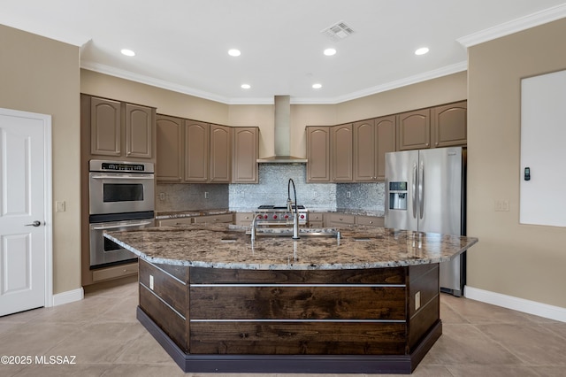 1808 W Quartz Rock Pl, Tucson, AZ 85737 - kitchen with wall chimney exhaust hood, appliances with stainless steel finishes, light stone countertops, a center island with sink, and ornamental molding