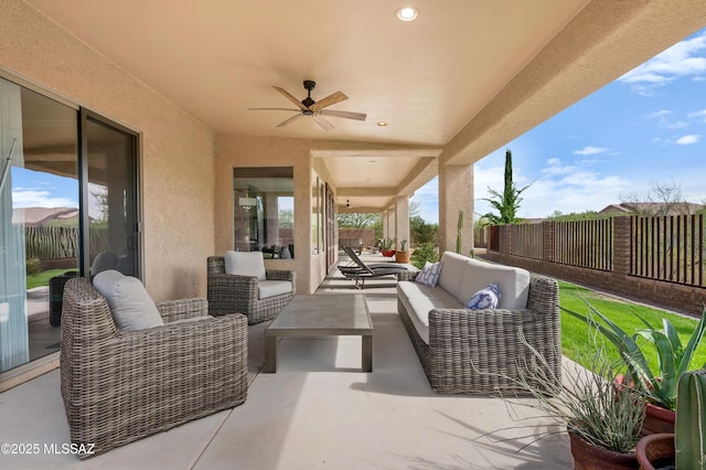 1808 W Quartz Rock Pl, Tucson, AZ 85737 - view of patio / terrace featuring outdoor lounge area, a fenced backyard, and ceiling fan