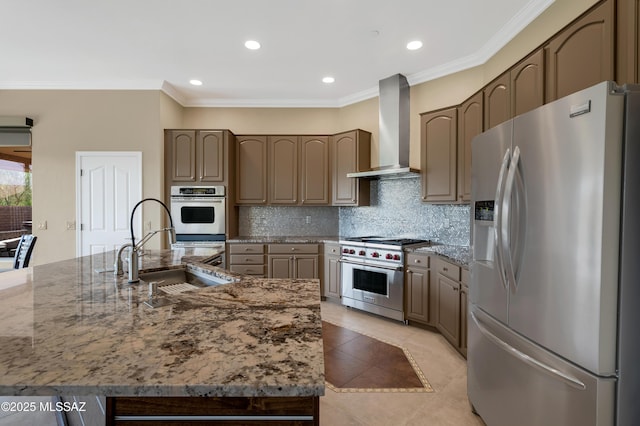 1808 W Quartz Rock Pl, Tucson, AZ 85737 - kitchen with stainless steel appliances, wall chimney exhaust hood, crown molding, decorative backsplash, and light tile patterned flooring