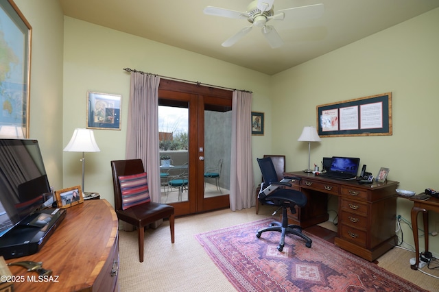 7020 N Chaparral Ave, Tucson, AZ 85718 - carpeted home office with french doors and ceiling fan