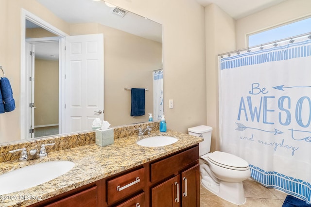 5950 S Hoptree Pl, Tucson, AZ 85747 - full bath featuring tile patterned floors, toilet, double vanity, and a shower with shower curtain