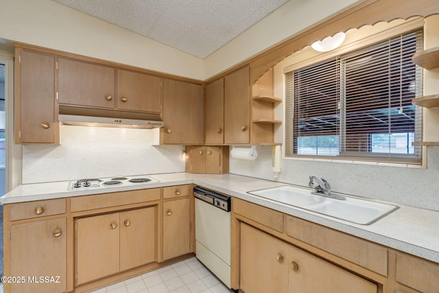 5301 E 4th St, Tucson, AZ 85711 - kitchen featuring open shelves, white appliances, under cabinet range hood, light countertops, and a sink