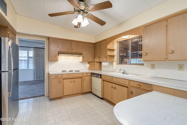 5301 E 4th St, Tucson, AZ 85711 - kitchen featuring white appliances, under cabinet range hood, a sink, light countertops, and vaulted ceiling