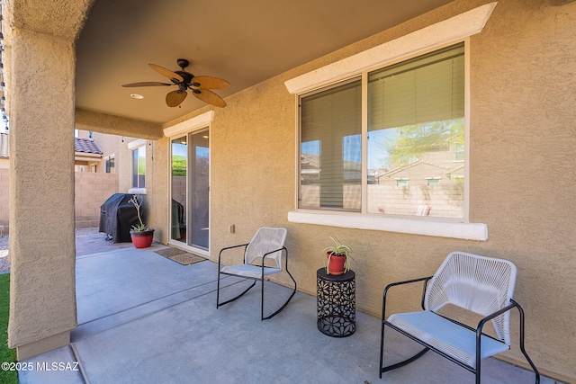 10487 S Cutting Horse Dr, Vail, AZ 85641 - view of patio / terrace featuring fence, a ceiling fan, and area for grilling
