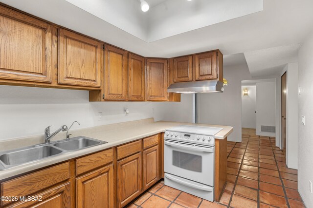 9350 E Speedway Blvd Unit 6, Tucson, AZ 85710 - kitchen with under cabinet range hood, white range with electric cooktop, a sink, and brown cabinets