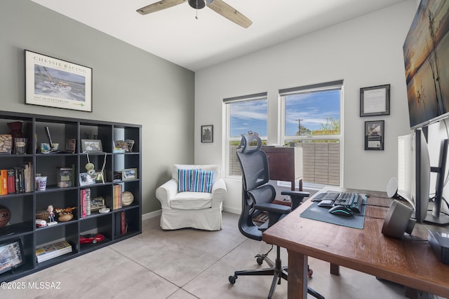 office space featuring ceiling fan, finished concrete flooring, and baseboards