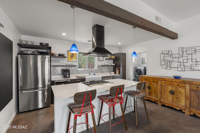 kitchen featuring appliances with stainless steel finishes, open shelves, island exhaust hood, concrete flooring, and recessed lighting