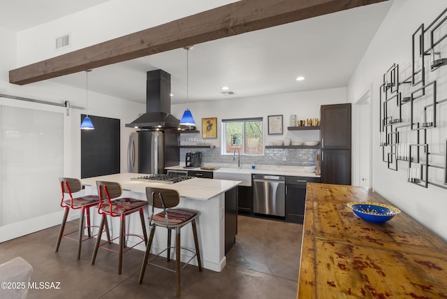 kitchen featuring appliances with stainless steel finishes, island exhaust hood, finished concrete flooring, open shelves, and recessed lighting