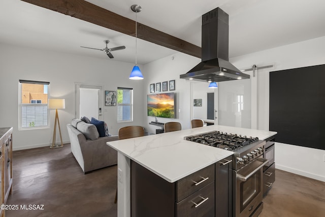 kitchen with high end range, finished concrete flooring, island exhaust hood, a barn door, and open floor plan