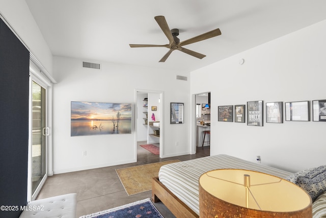 bedroom featuring baseboards, a ceiling fan, and concrete flooring