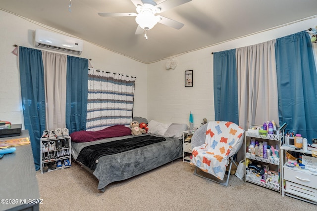 615 W 6th Ave, San Manuel, AZ 85631 - carpeted bedroom with a wall unit AC, a ceiling fan, and vaulted ceiling
