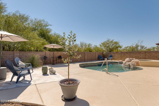 12356 N Globe Mallow Pl, Marana, AZ 85658 - view of swimming pool featuring a patio area, a fenced backyard, and an outdoor hot tub