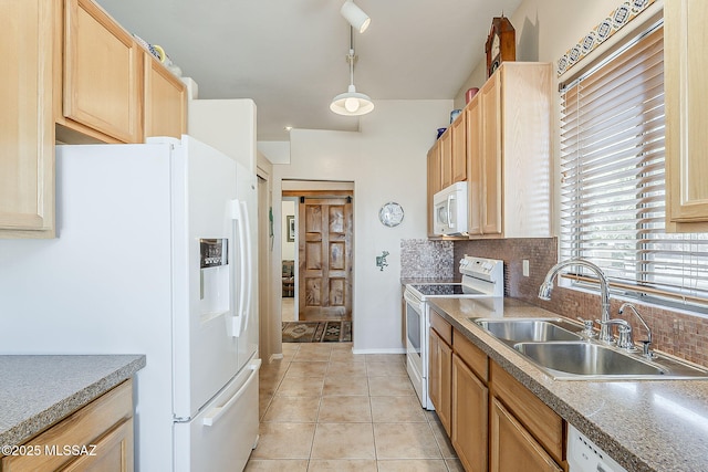 4043 S Golden Lynx Rd, Green Valley, AZ 85614 - kitchen featuring white appliances, a sink, backsplash, light brown cabinets, and light tile patterned floors
