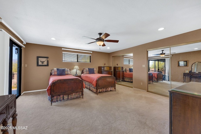 571 N Tanque Verde Loop Rd, Tucson, AZ 85748 - bedroom featuring access to exterior, light colored carpet, recessed lighting, and a ceiling fan