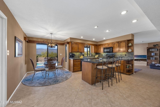 571 N Tanque Verde Loop Rd, Tucson, AZ 85748 - kitchen featuring open shelves, black microwave, brown cabinetry, backsplash, and recessed lighting