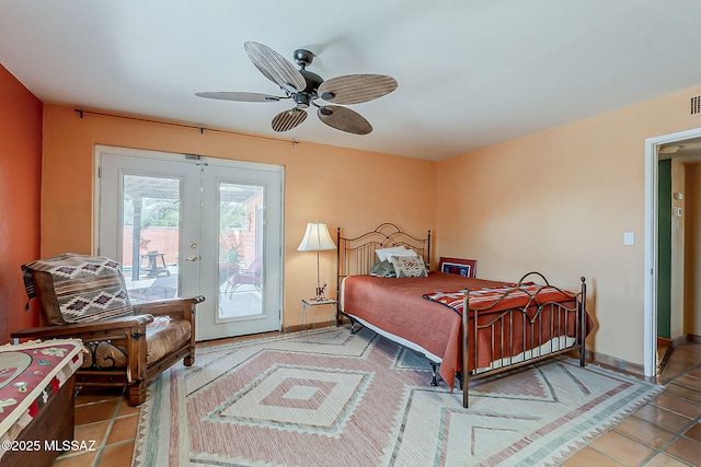 241 W Calle Mccleary, Green Valley, AZ 85614 - tiled bedroom featuring access to exterior, french doors, a ceiling fan, and baseboards