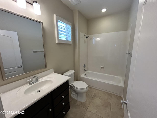 60422 E Arroyo Vista Dr, Oracle, AZ 85623 - bathroom with toilet, shower / bathtub combination, vanity, and tile patterned floors