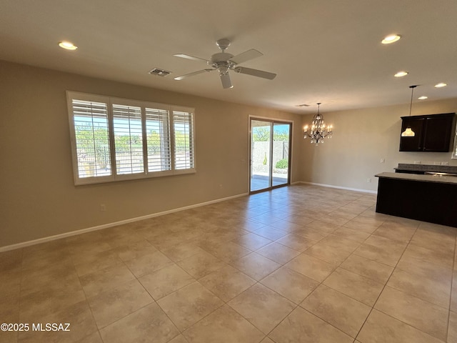 60422 E Arroyo Vista Dr, Oracle, AZ 85623 - unfurnished living room featuring a chandelier, recessed lighting, baseboards, ceiling fan, and light tile patterned floors