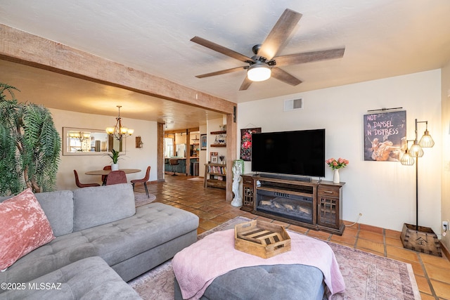 2120 N Fair Oaks Ave, Tucson, AZ 85712 - tiled living area featuring a chandelier, a ceiling fan, baseboards, and beamed ceiling