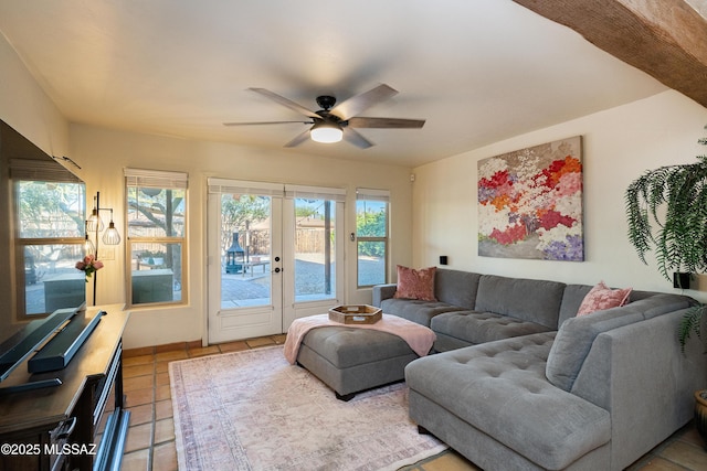 2120 N Fair Oaks Ave, Tucson, AZ 85712 - living area with ceiling fan, french doors, and tile patterned flooring