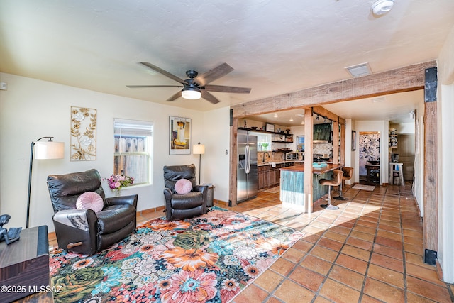 2120 N Fair Oaks Ave, Tucson, AZ 85712 - living room featuring ceiling fan, baseboards, light tile patterned floors, and recessed lighting