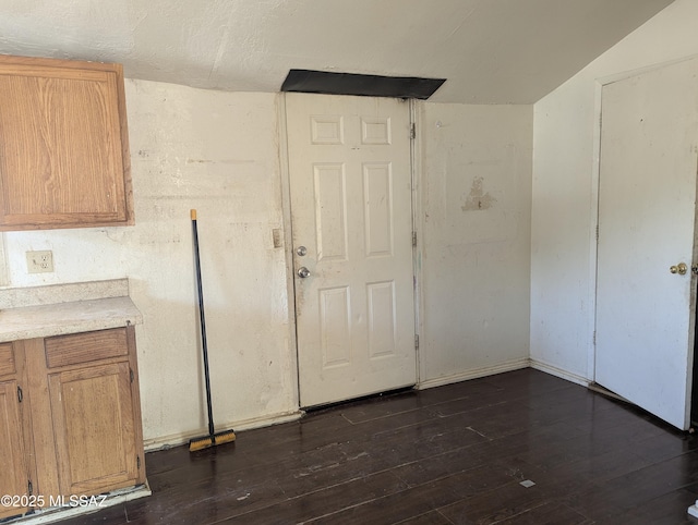 unfurnished dining area with dark wood-style floors, lofted ceiling, and baseboards