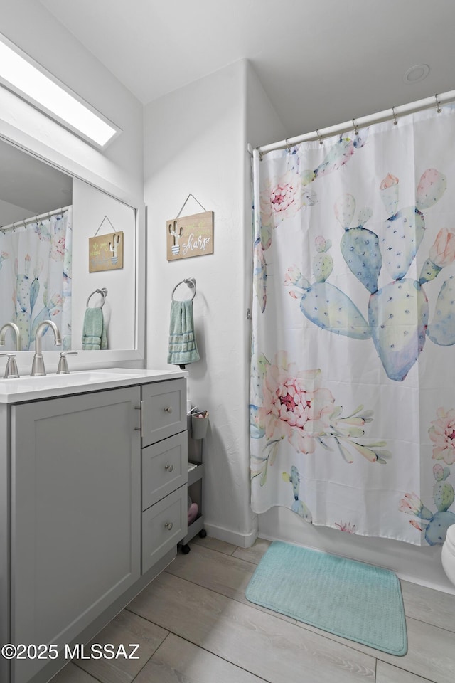 519 W Silvertip Rd, Tucson, AZ 85737 - bathroom featuring vanity, wood finished floors, toilet, and baseboards