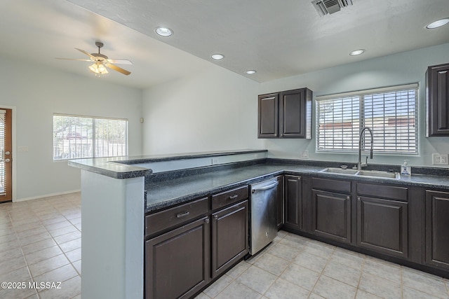 kitchen featuring a sink, dishwasher, plenty of natural light, a peninsula, and recessed lighting